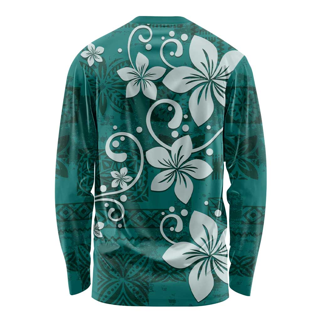Plumeria Floral Tapa Pattern Crystal Teal Long Sleeve Shirt LT01 - Polynesian Pride