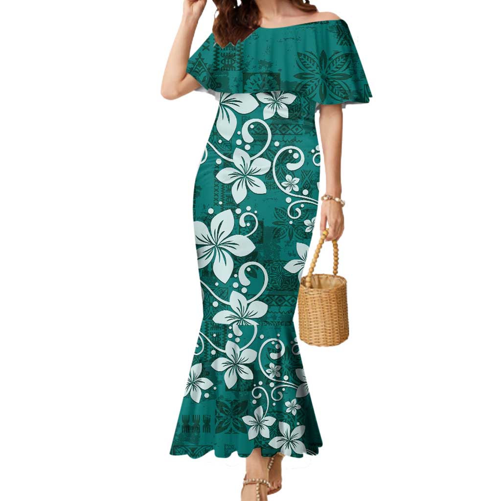 Plumeria Floral Tapa Pattern Crystal Teal Mermaid Dress LT01 Women Teal - Polynesian Pride