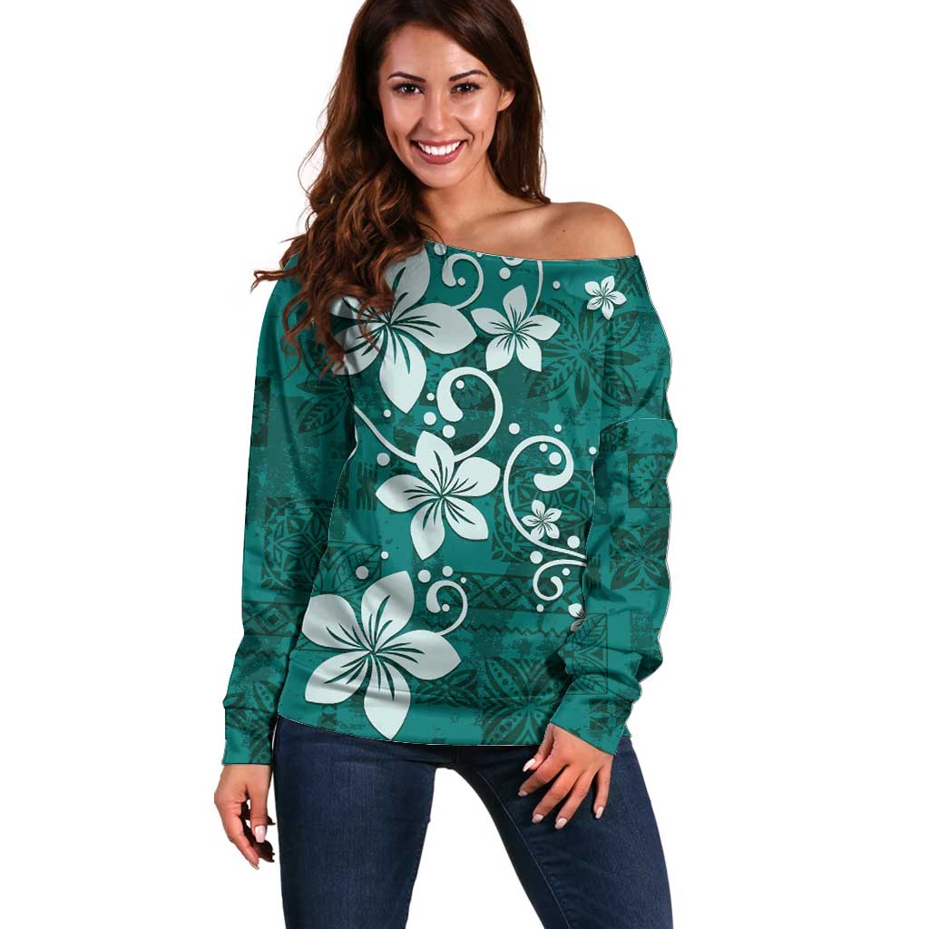 Plumeria Floral Tapa Pattern Crystal Teal Off Shoulder Sweater LT01 Women Teal - Polynesian Pride