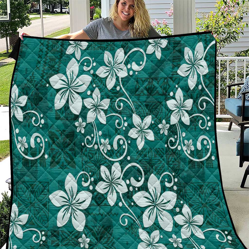 Plumeria Floral Tapa Pattern Crystal Teal Quilt LT01 Teal - Polynesian Pride