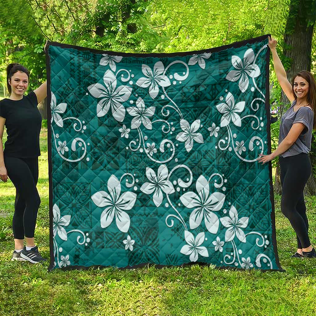 Plumeria Floral Tapa Pattern Crystal Teal Quilt