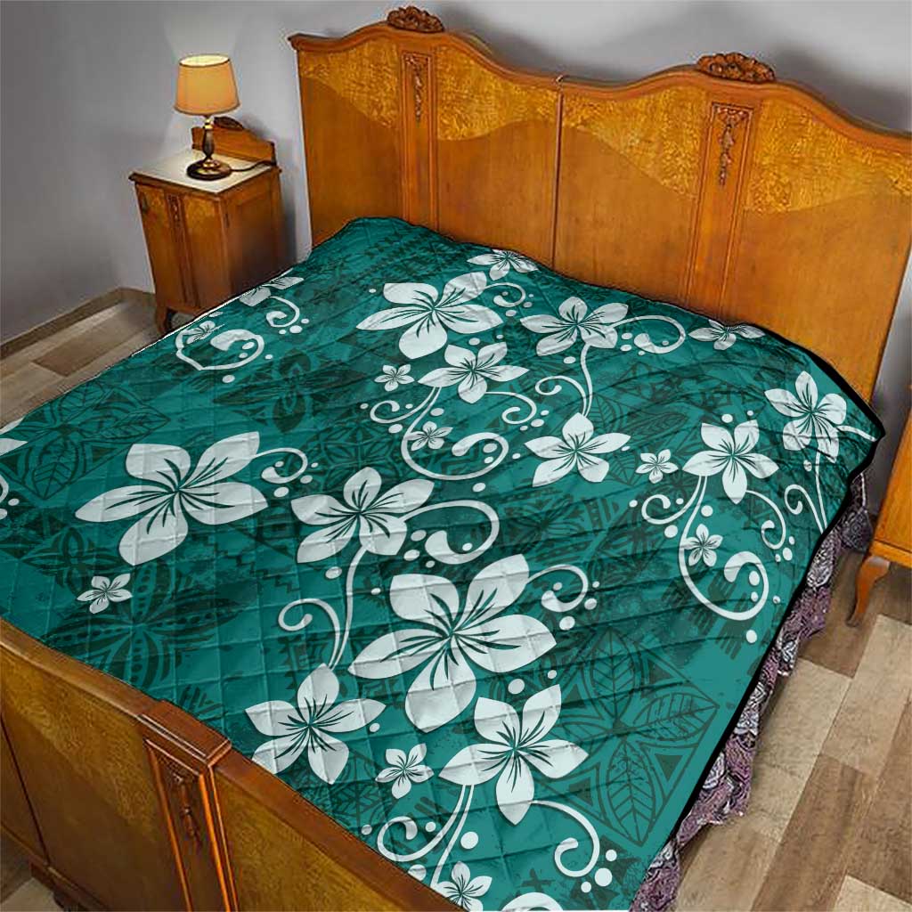Plumeria Floral Tapa Pattern Crystal Teal Quilt