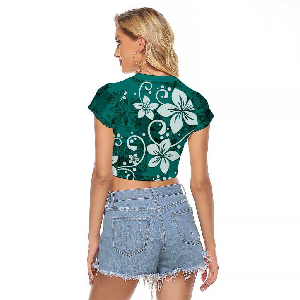 Plumeria Floral Tapa Pattern Crystal Teal Raglan Cropped T Shirt