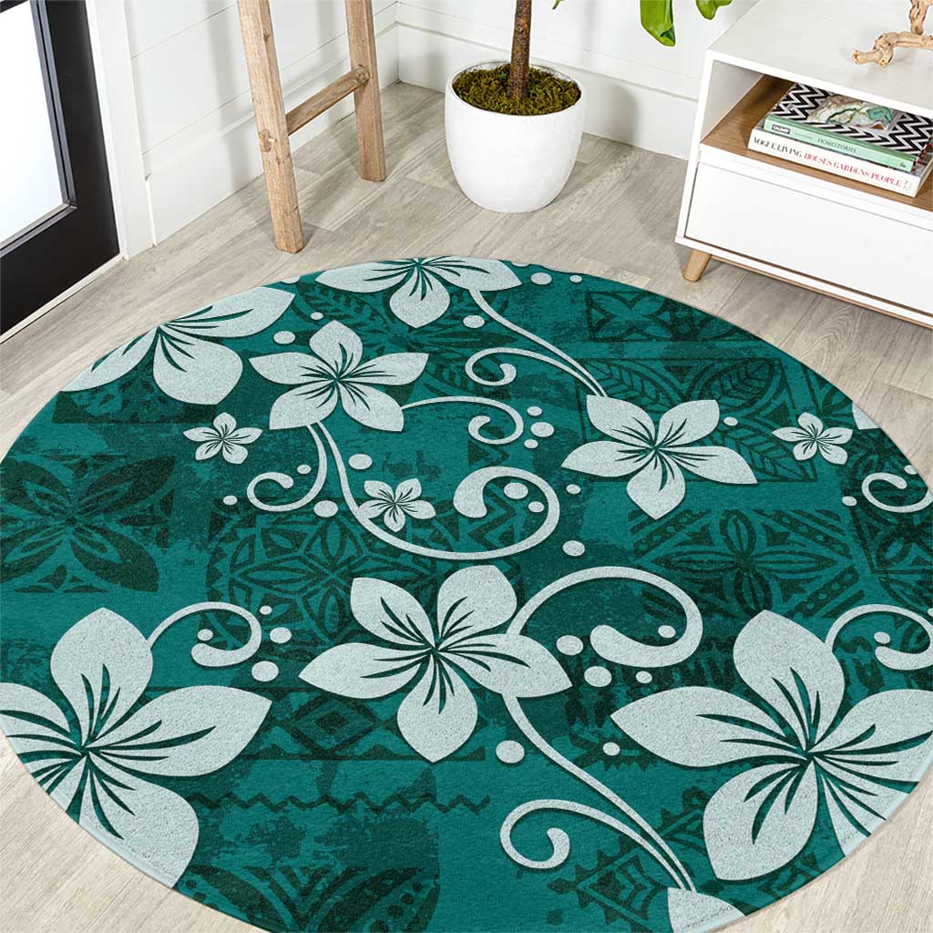 Plumeria Floral Tapa Pattern Crystal Teal Round Carpet LT01 Teal - Polynesian Pride