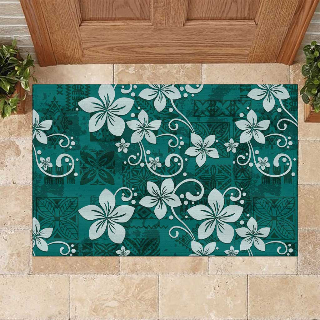 Plumeria Floral Tapa Pattern Crystal Teal Rubber Doormat