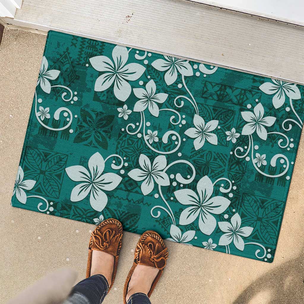 Plumeria Floral Tapa Pattern Crystal Teal Rubber Doormat