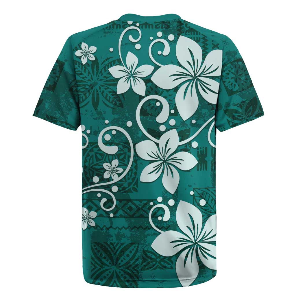 Plumeria Floral Tapa Pattern Crystal Teal Rugby Jersey