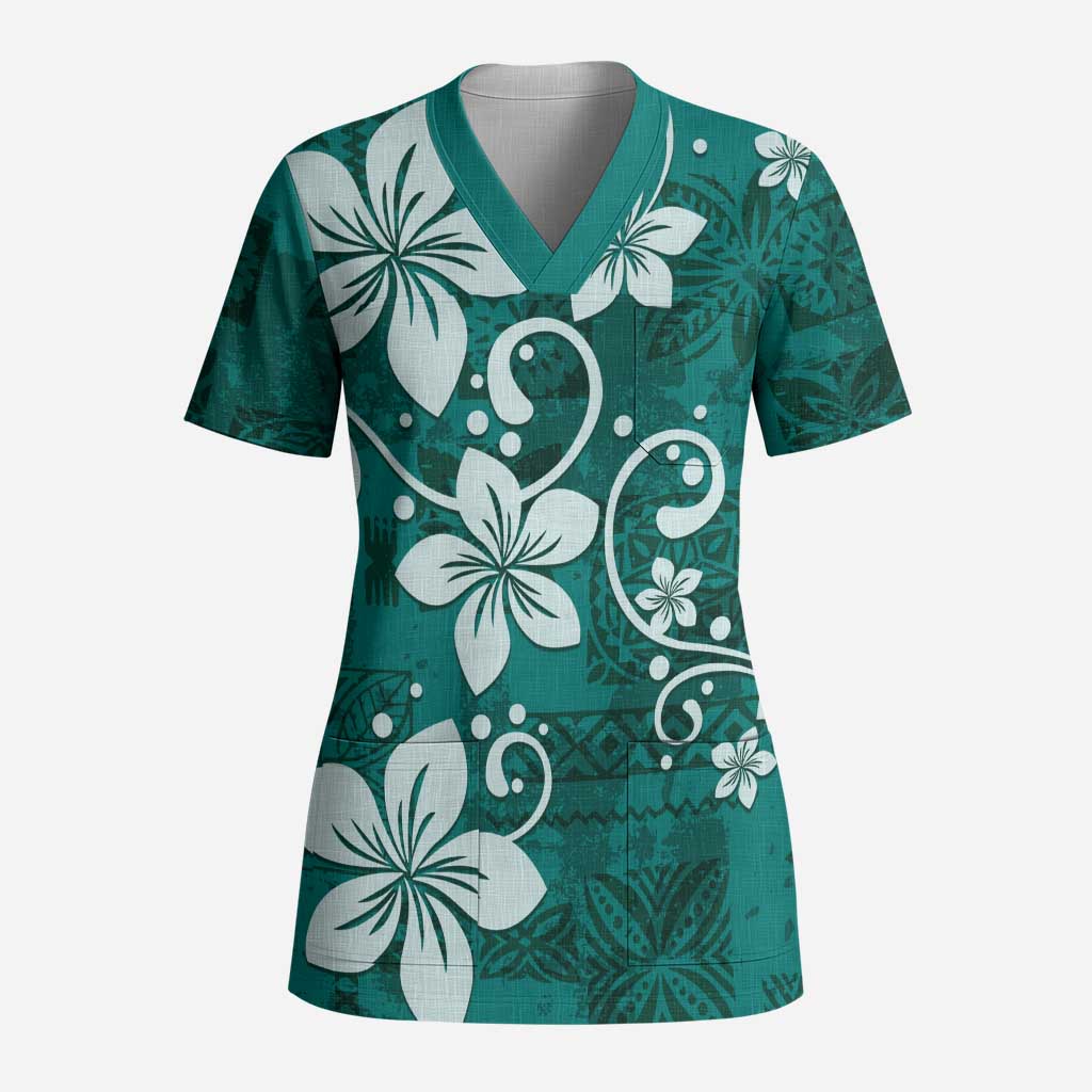 Plumeria Floral Tapa Pattern Crystal Teal Scrub Top - Polynesian Pride