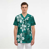 Plumeria Floral Tapa Pattern Crystal Teal Scrub Top - Polynesian Pride