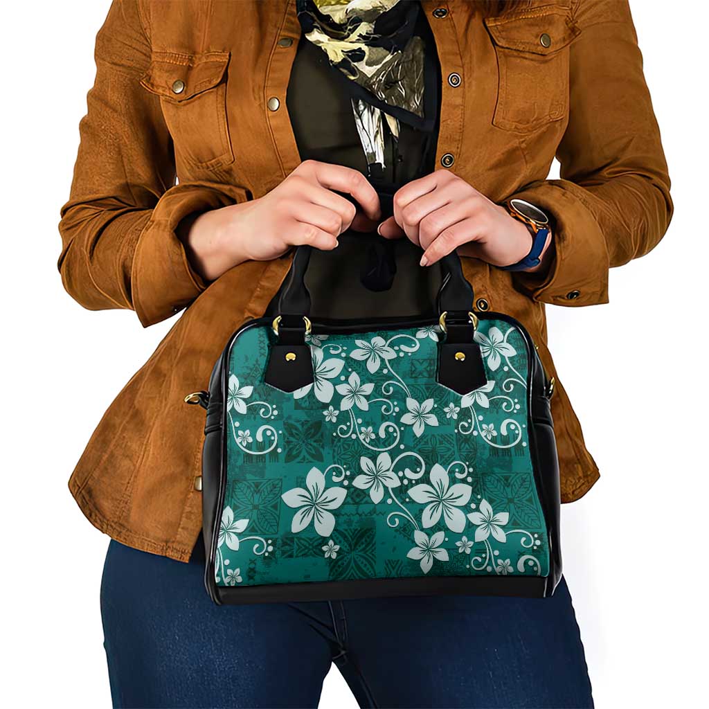 Plumeria Floral Tapa Pattern Crystal Teal Shoulder Handbag