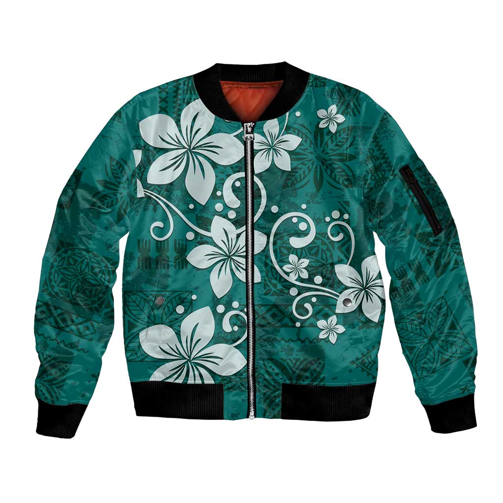 Plumeria Floral Tapa Pattern Crystal Teal Sleeve Zip Bomber Jacket LT01 Unisex Teal - Polynesian Pride