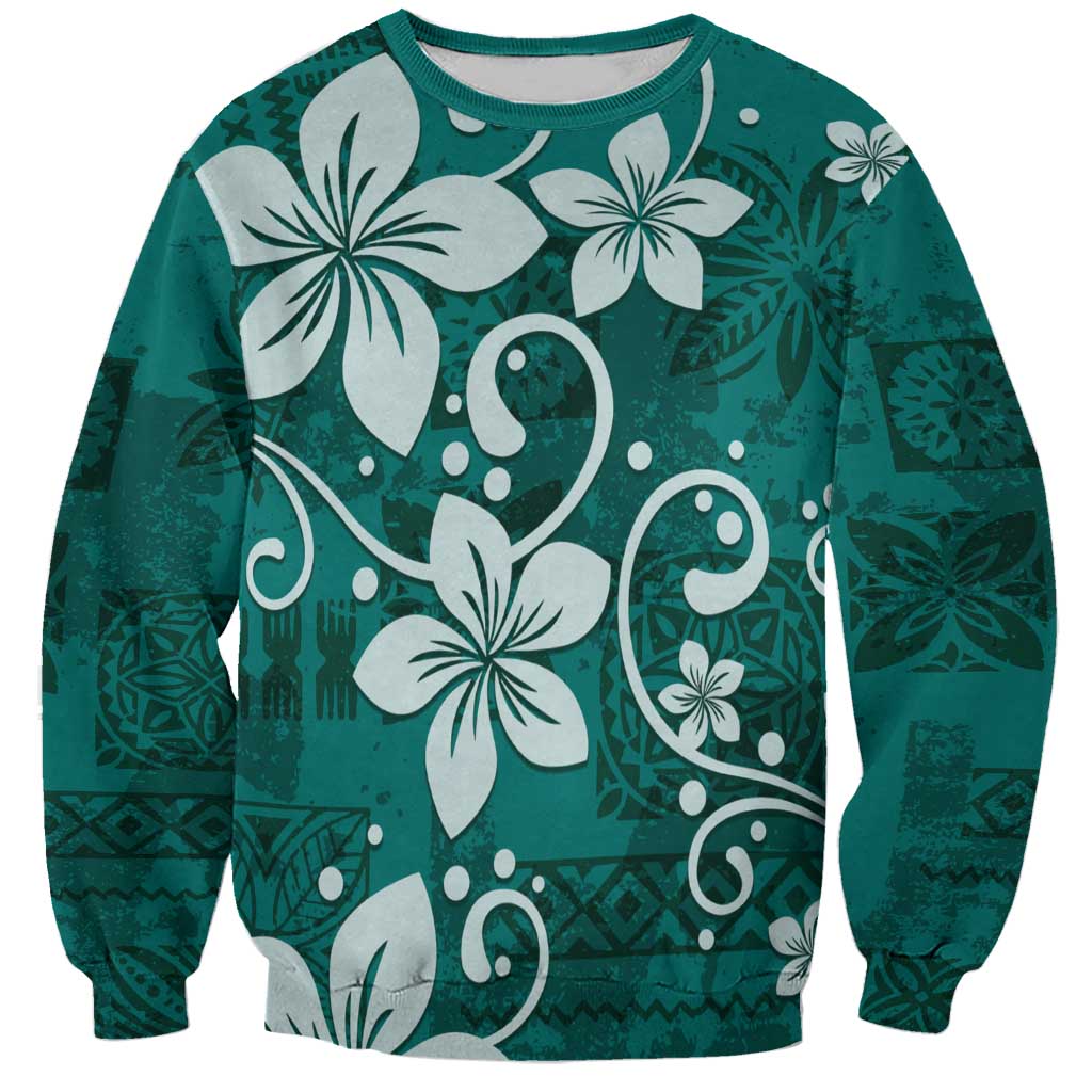 Plumeria Floral Tapa Pattern Crystal Teal Sweatshirt