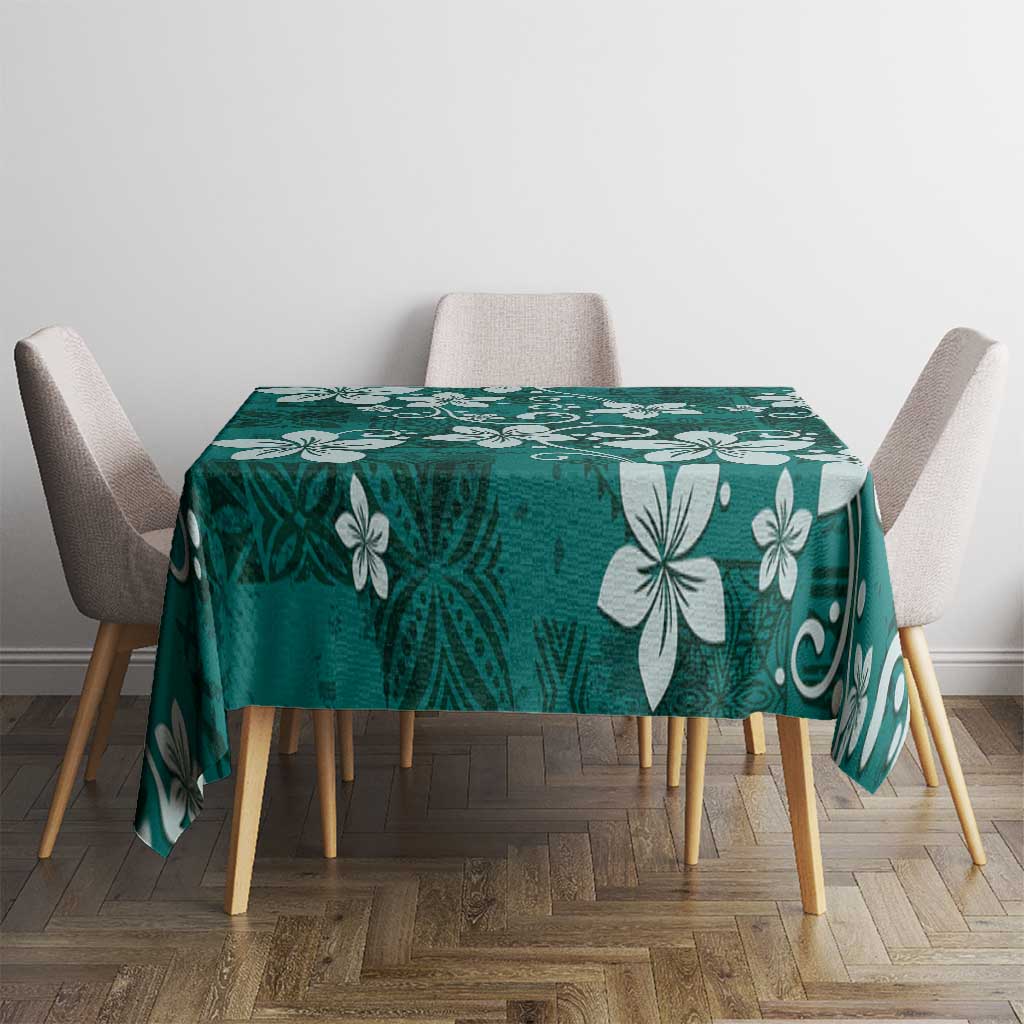 Plumeria Floral Tapa Pattern Crystal Teal Tablecloth