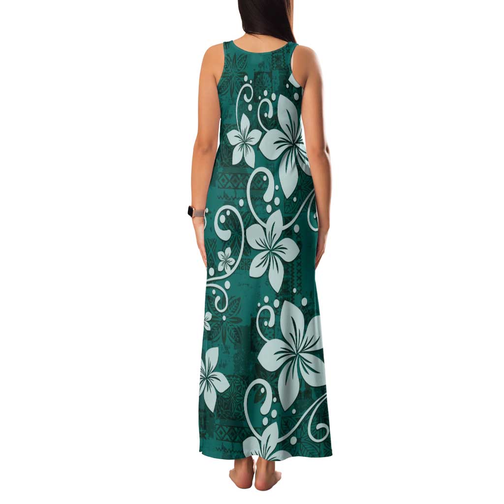 Plumeria Floral Tapa Pattern Crystal Teal Tank Maxi Dress LT01 - Polynesian Pride