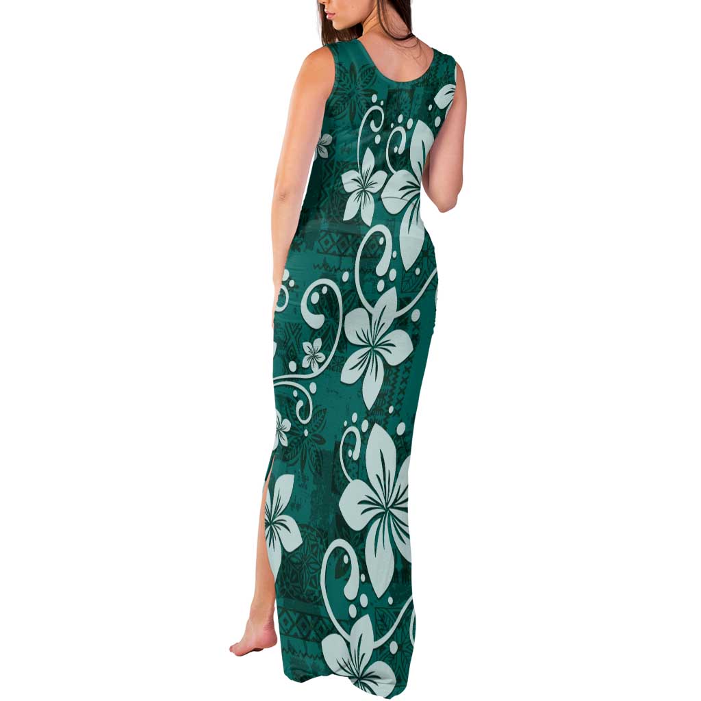 Plumeria Floral Tapa Pattern Crystal Teal Tank Maxi Dress LT01 - Polynesian Pride