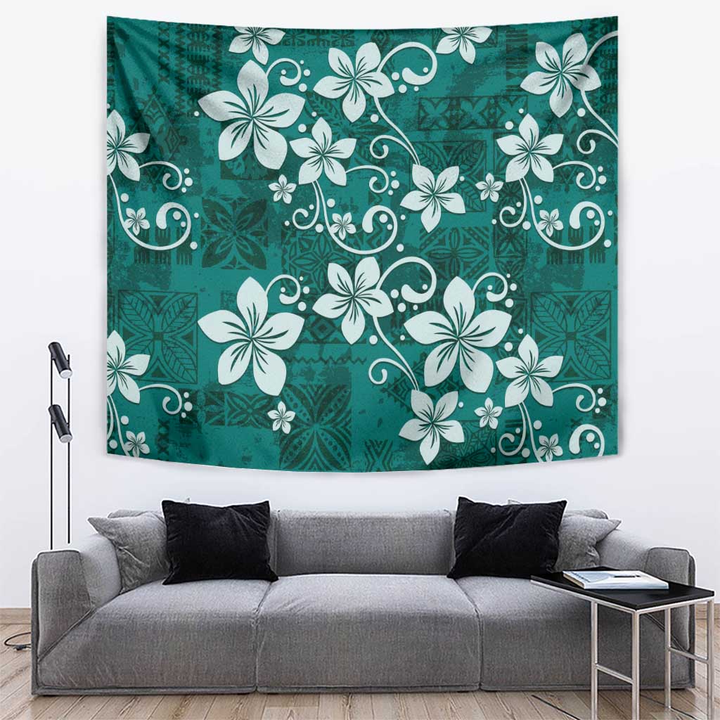 Plumeria Floral Tapa Pattern Crystal Teal Tapestry LT01 Teal - Polynesian Pride