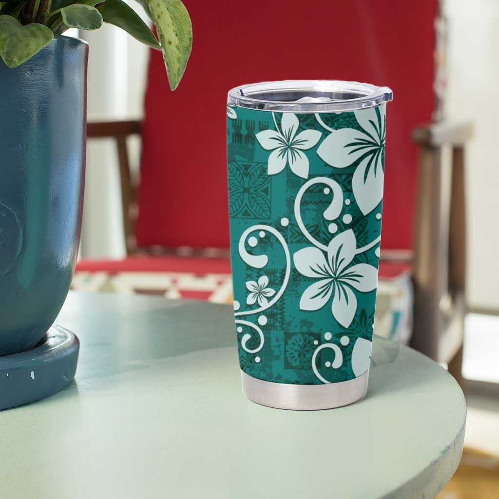 Plumeria Floral Tapa Pattern Crystal Teal Tumbler Cup
