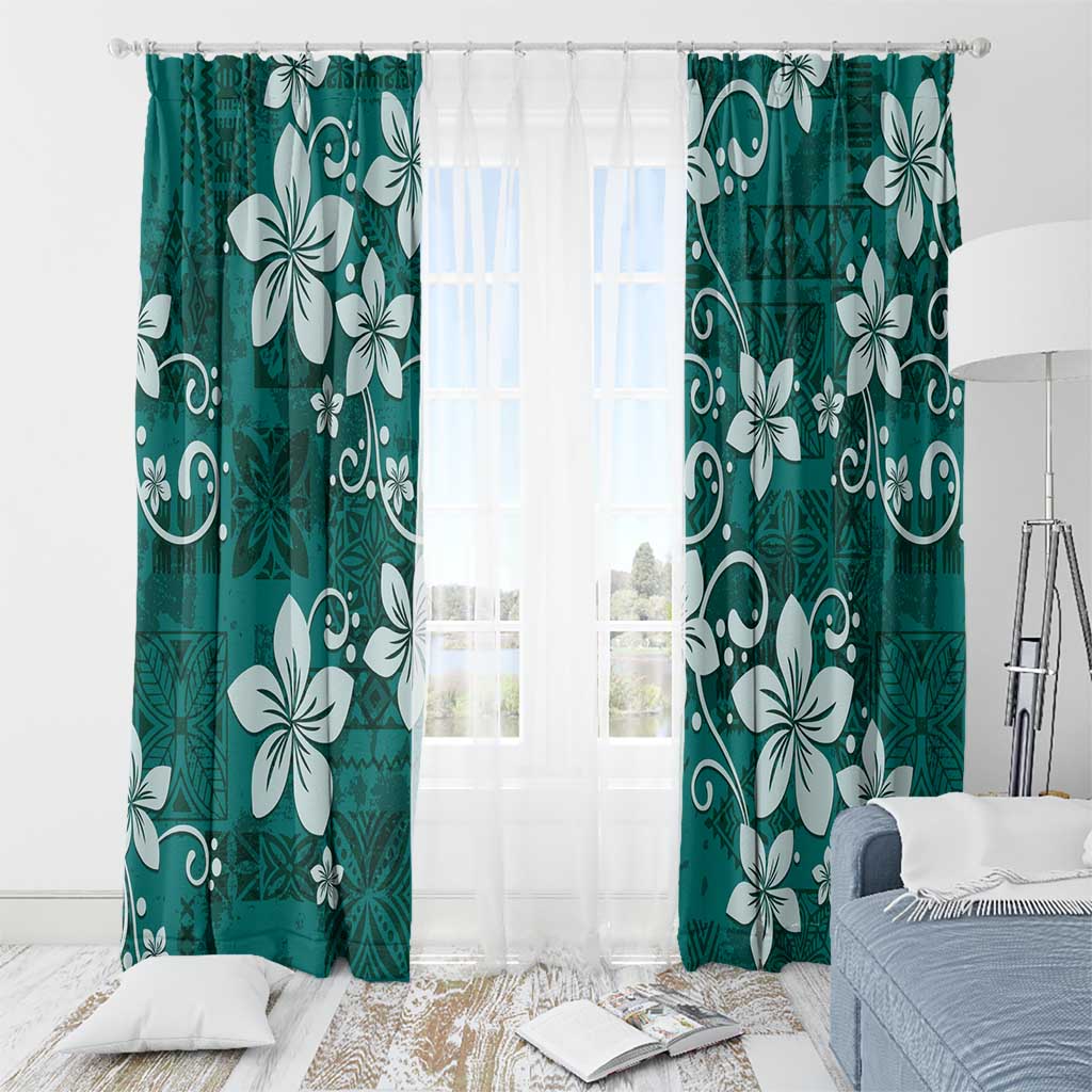 Plumeria Floral Tapa Pattern Crystal Teal Window Curtain