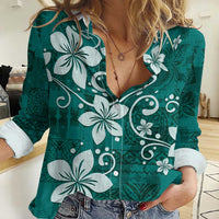 Plumeria Floral Tapa Pattern Crystal Teal Women Casual Shirt