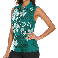Plumeria Floral Tapa Pattern Crystal Teal Women Sleeveless Polo Shirt