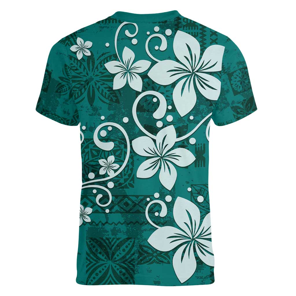 Plumeria Floral Tapa Pattern Crystal Teal Women V-Neck T-Shirt