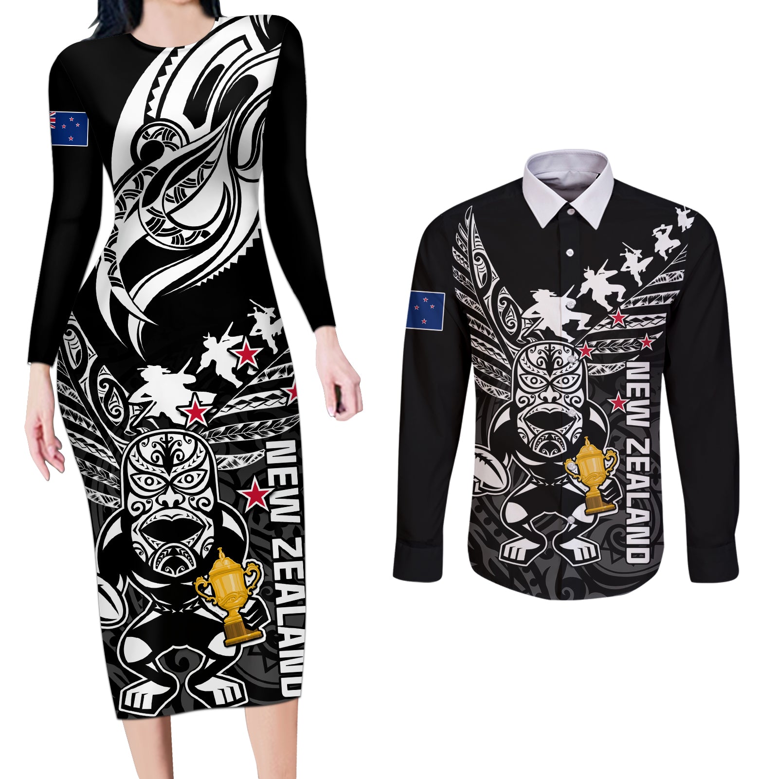 Custom New Zealand Silver Fern Rugby Couples Matching Long Sleeve Bodycon Dress and Long Sleeve Button Shirt Aotearoa Champion 2023 World Cup LT01 Black - Polynesian Pride
