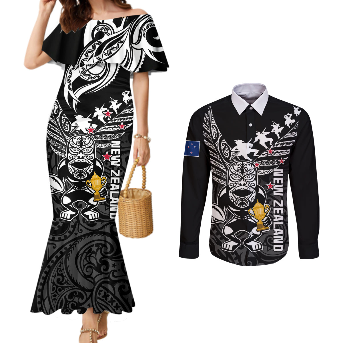 Custom New Zealand Silver Fern Rugby Couples Matching Mermaid Dress and Long Sleeve Button Shirt Aotearoa Champion 2023 World Cup LT01 Black - Polynesian Pride