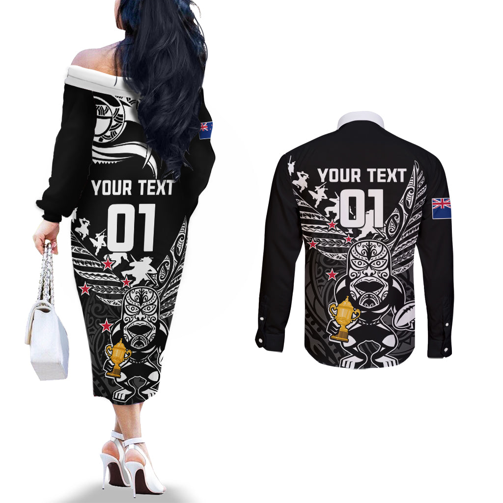 Custom New Zealand Silver Fern Rugby Couples Matching Off The Shoulder Long Sleeve Dress and Long Sleeve Button Shirt Aotearoa Champion 2023 World Cup LT01 - Polynesian Pride