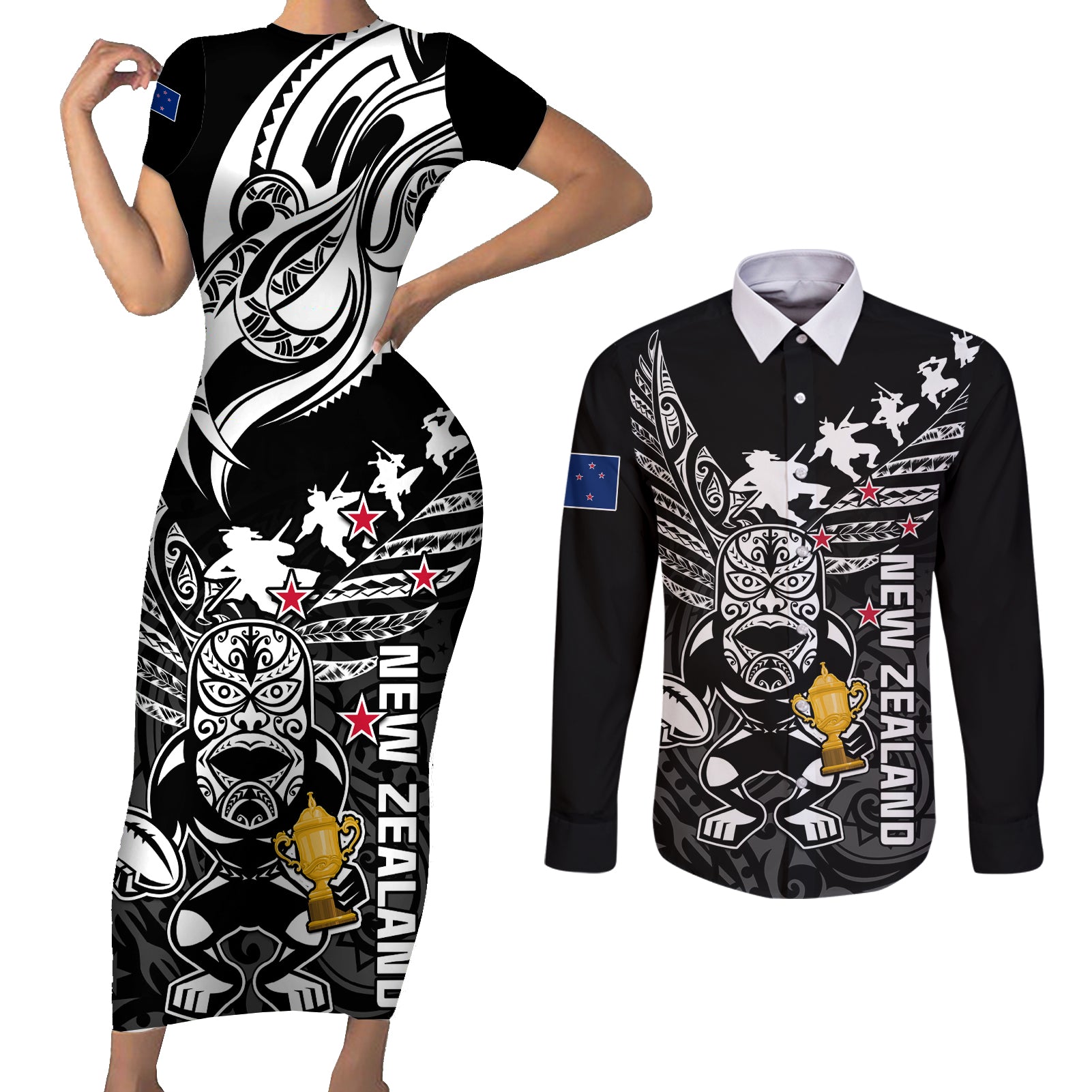 Custom New Zealand Silver Fern Rugby Couples Matching Short Sleeve Bodycon Dress and Long Sleeve Button Shirt Aotearoa Champion 2023 World Cup LT01 Black - Polynesian Pride