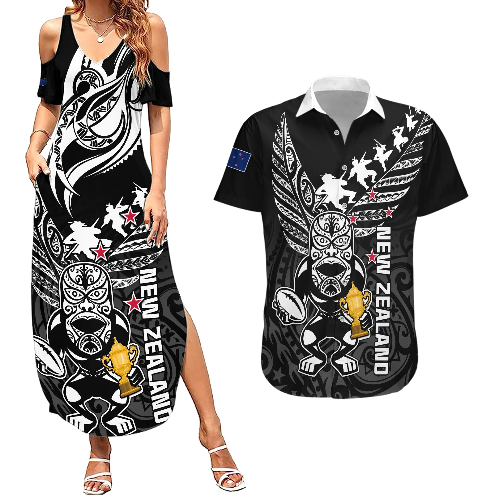 Custom New Zealand Silver Fern Rugby Couples Matching Summer Maxi Dress and Hawaiian Shirt Aotearoa Champion 2023 World Cup LT01 Black - Polynesian Pride