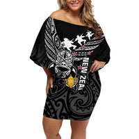 Custom New Zealand Silver Fern Rugby Family Matching Off Shoulder Short Dress and Hawaiian Shirt Aotearoa Champion 2023 World Cup LT01 Mom's Dress Black - Polynesian Pride