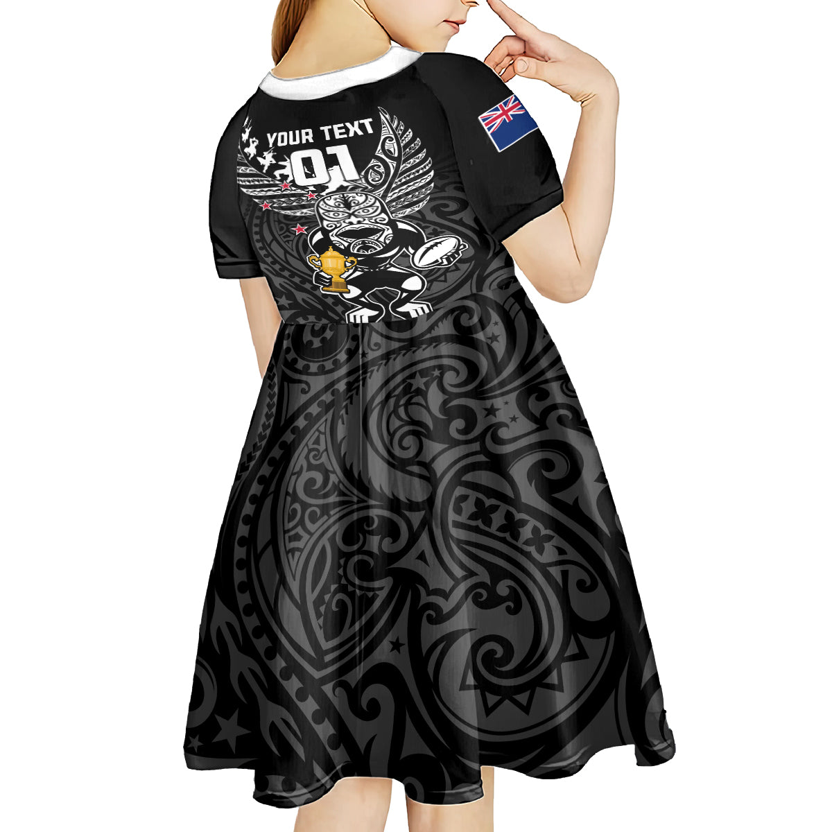 Custom New Zealand Silver Fern Rugby Kid Short Sleeve Dress Aotearoa Champion 2023 World Cup LT01 - Polynesian Pride