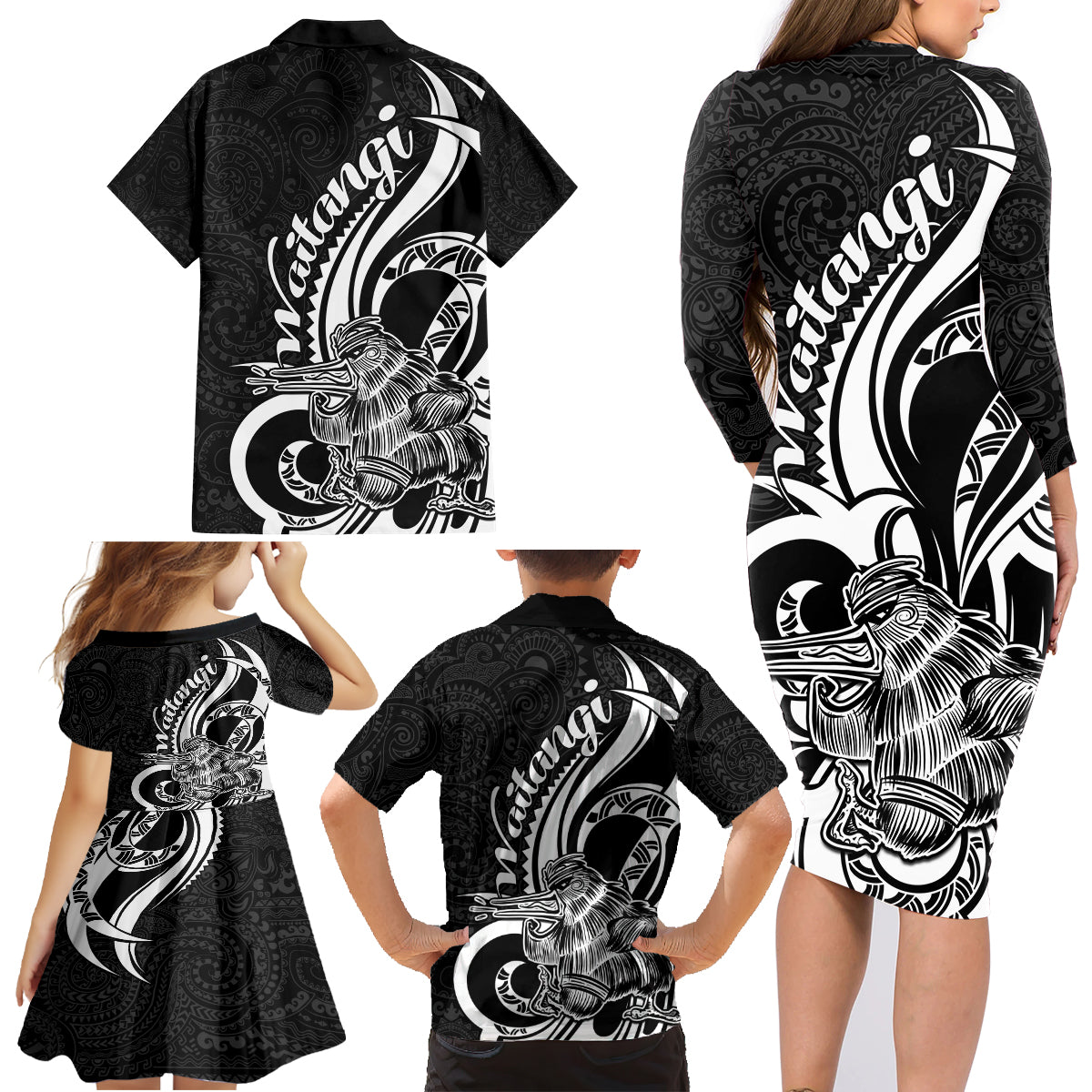 New Zealand Waitangi Day Family Matching Long Sleeve Bodycon Dress and Hawaiian Shirt Aotearoa Te Tiriti O Waitangi Kiwi Black Version LT01 - Polynesian Pride