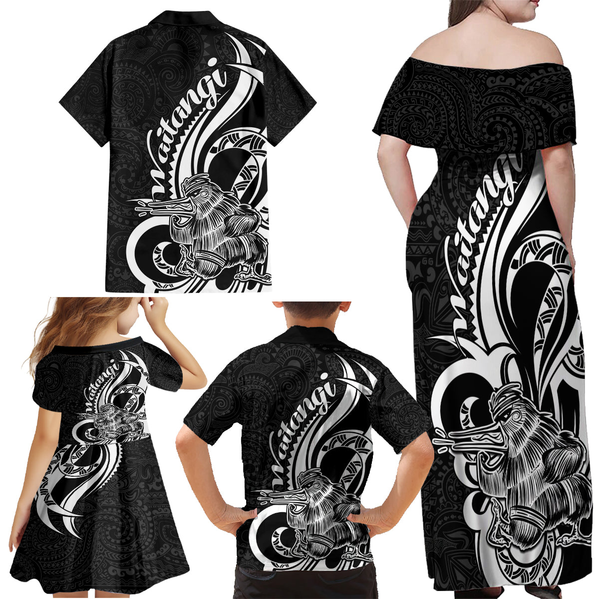 New Zealand Waitangi Day Family Matching Off Shoulder Maxi Dress and Hawaiian Shirt Aotearoa Te Tiriti O Waitangi Kiwi Black Version LT01 - Polynesian Pride