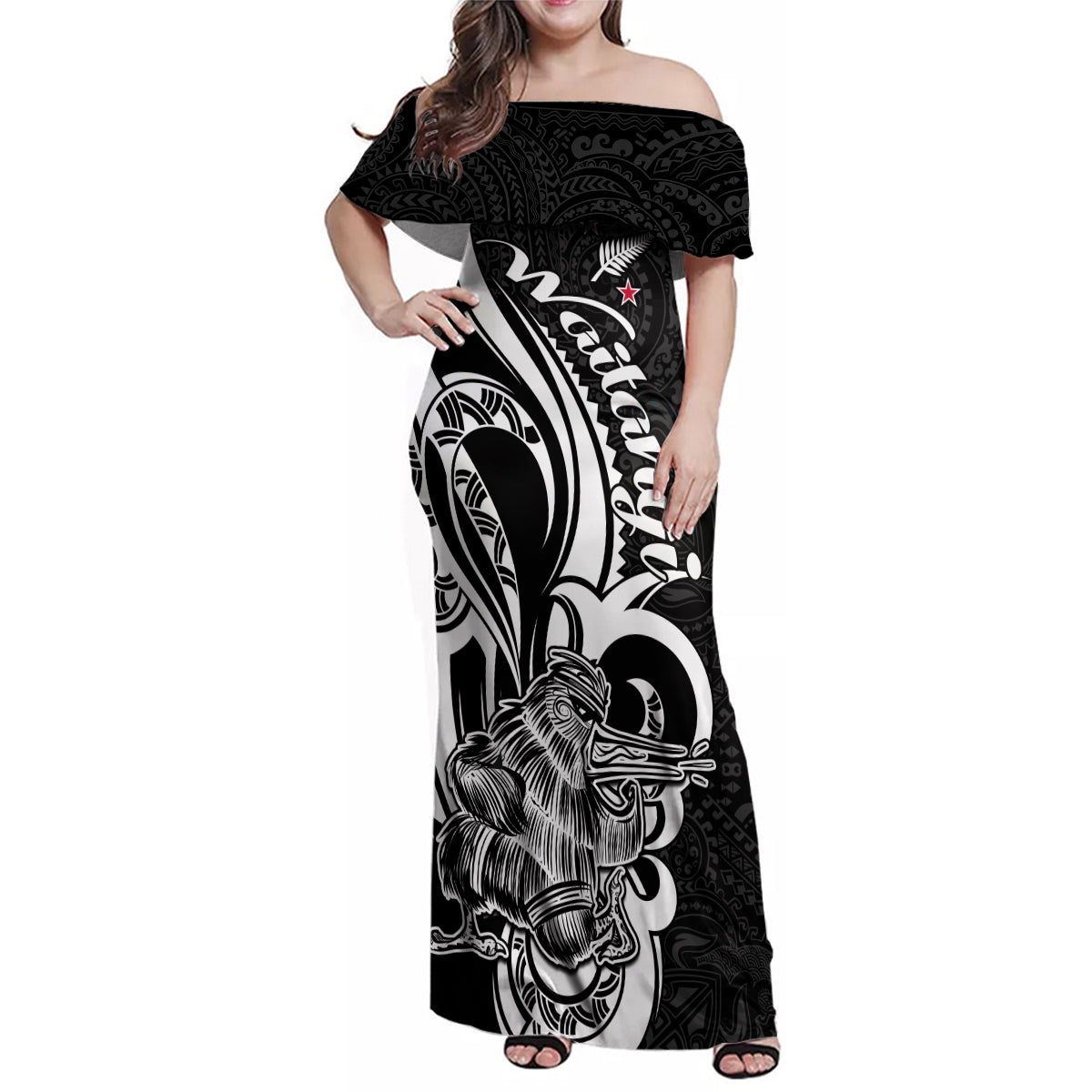 New Zealand Waitangi Day Family Matching Off Shoulder Maxi Dress and Hawaiian Shirt Aotearoa Te Tiriti O Waitangi Kiwi Black Version LT01 Mom's Dress Black - Polynesian Pride
