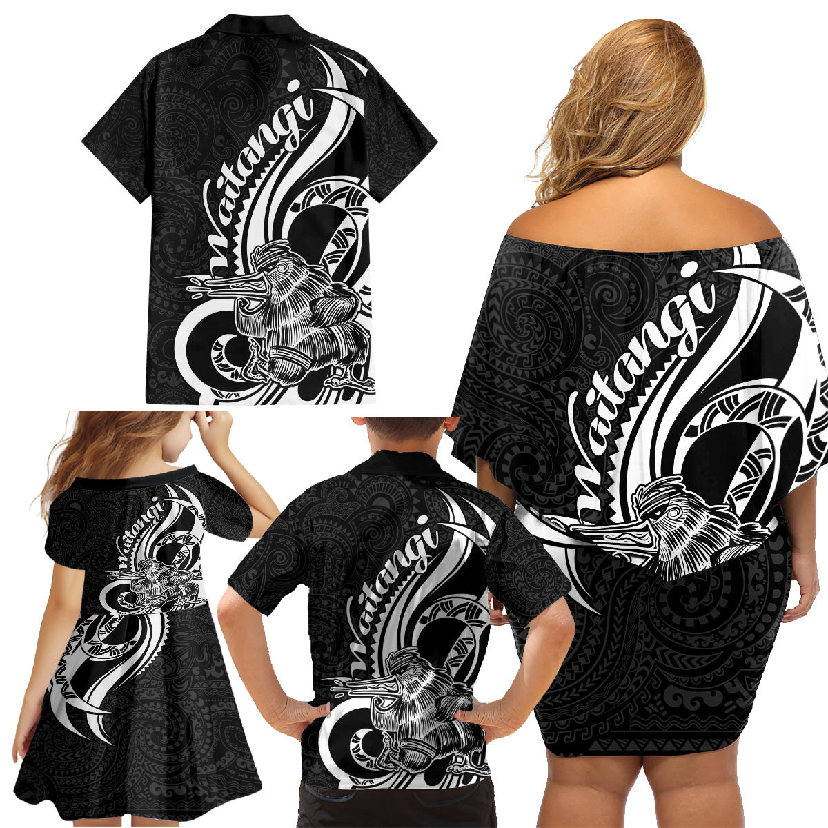 New Zealand Waitangi Day Family Matching Off Shoulder Short Dress and Hawaiian Shirt Aotearoa Te Tiriti O Waitangi Kiwi Black Version LT01 - Polynesian Pride