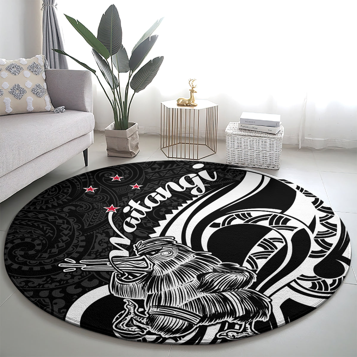 New Zealand Waitangi Day Round Carpet Aotearoa Te Tiriti O Waitangi Kiwi Black Version LT01 - Polynesian Pride