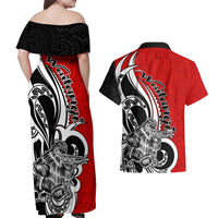 New Zealand Waitangi Day Couples Matching Off Shoulder Maxi Dress and Hawaiian Shirt Aotearoa Te Tiriti O Waitangi Kiwi Red Version LT01 - Polynesian Pride