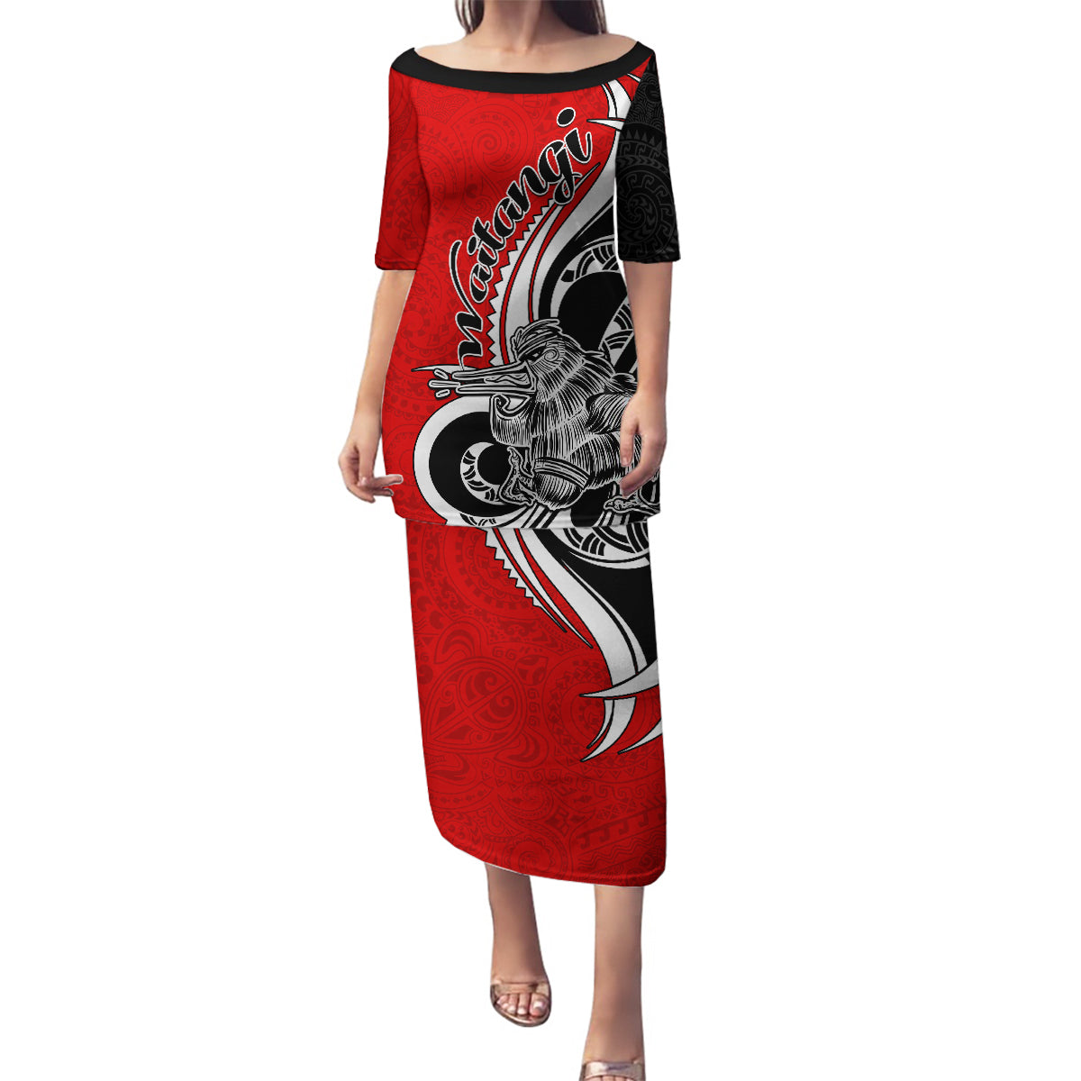 New Zealand Waitangi Day Family Matching Puletasi Dress and Hawaiian Shirt Aotearoa Te Tiriti O Waitangi Kiwi Red Version LT01 Mom's Dress Red - Polynesian Pride