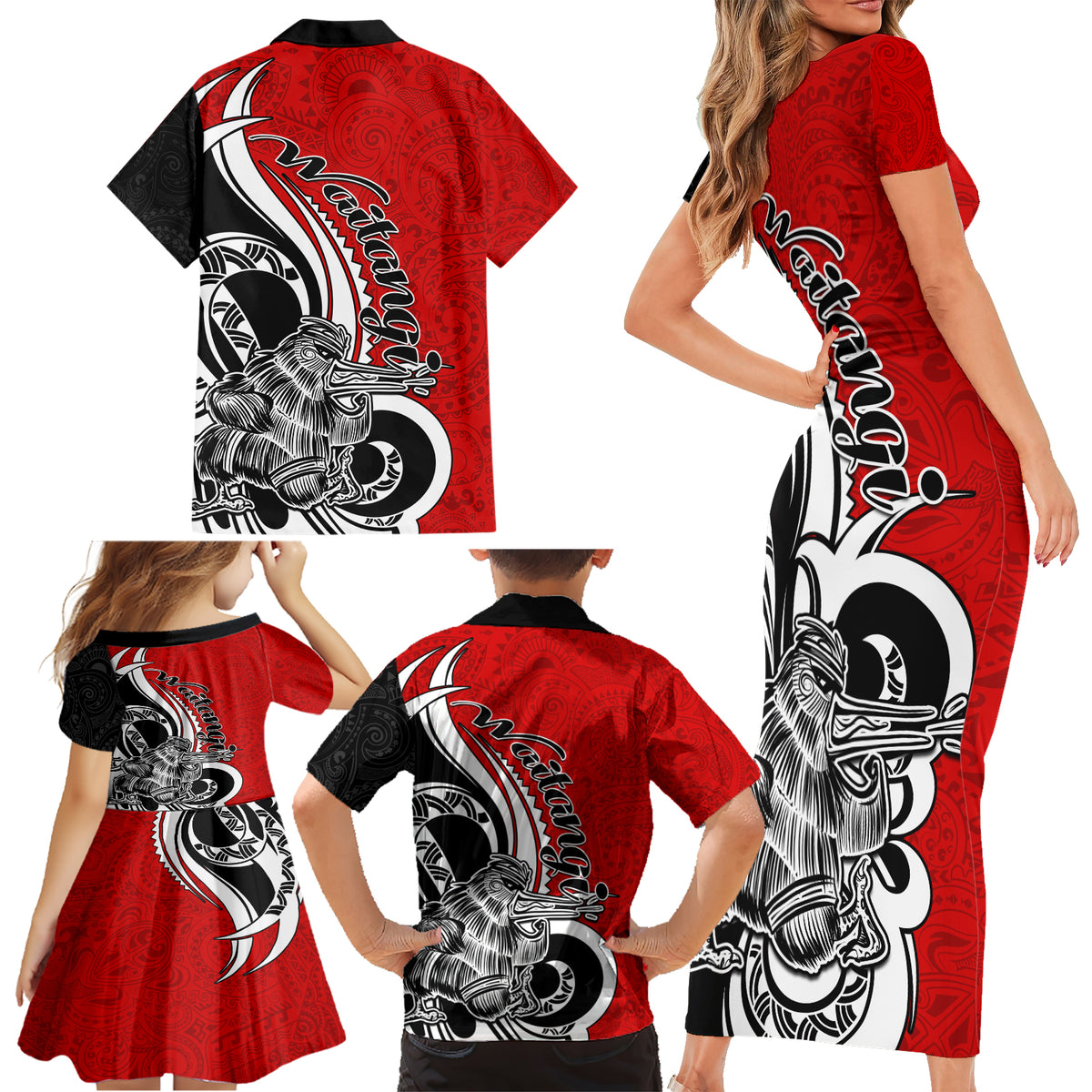 New Zealand Waitangi Day Family Matching Short Sleeve Bodycon Dress and Hawaiian Shirt Aotearoa Te Tiriti O Waitangi Kiwi Red Version LT01 - Polynesian Pride