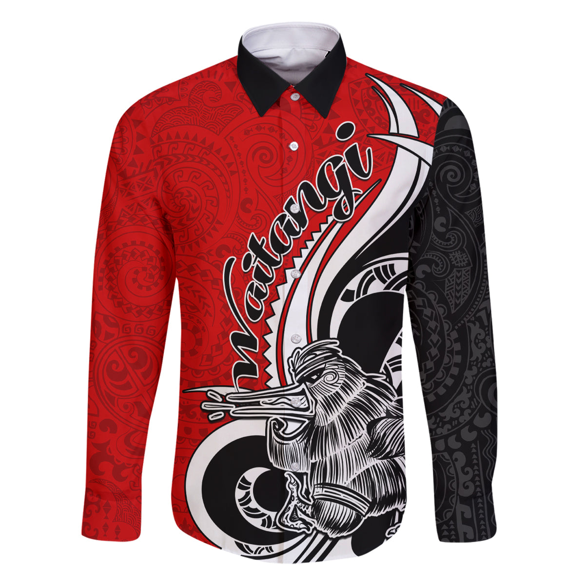 New Zealand Waitangi Day Family Matching Tank Maxi Dress and Hawaiian Shirt Aotearoa Te Tiriti O Waitangi Kiwi Red Version LT01 Dad's Shirt - Long Sleeve Red - Polynesian Pride