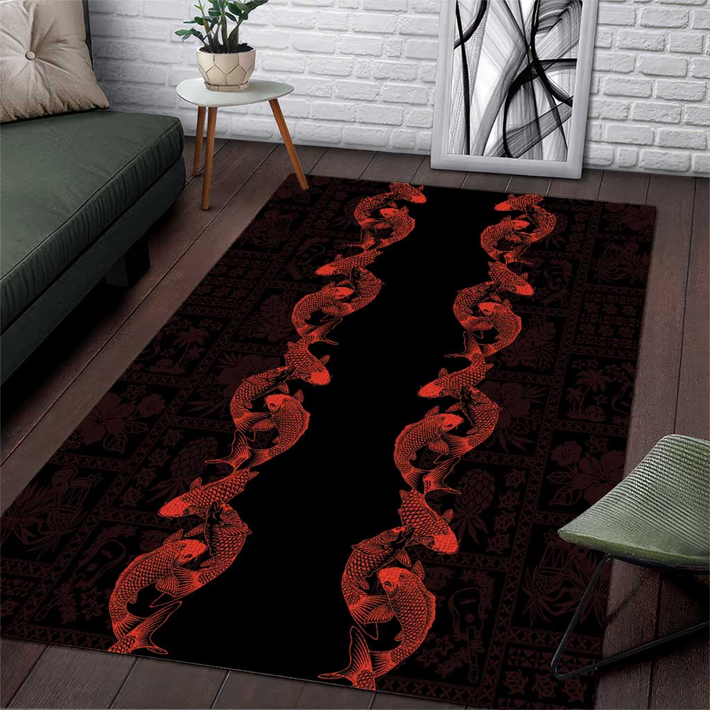 Hawaii Japan Koi Fish Red Area Rug Tapa Pattern - Polynesian Pride