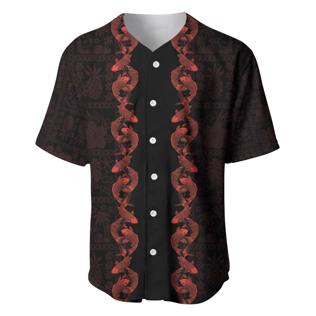Hawaii Japan Koi Fish Red Baseball Jersey Tapa Pattern - Polynesian Pride