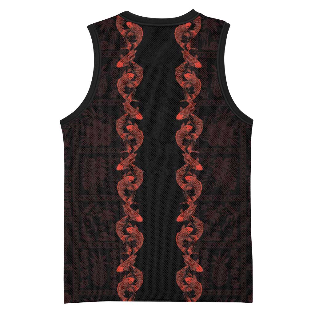 Hawaii Japan Koi Fish Red Basketball Jersey Tapa Pattern - Polynesian Pride