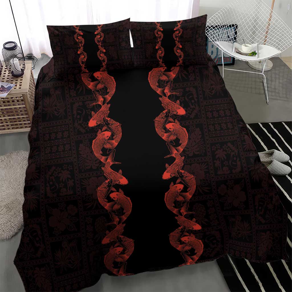 Hawaii Japan Koi Fish Red Bedding Set Tapa Pattern - Polynesian Pride