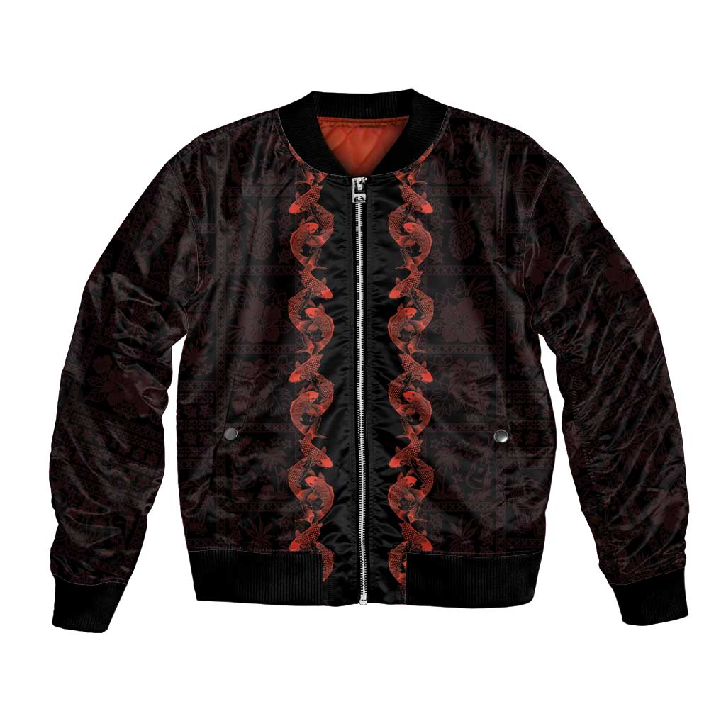 Hawaii Japan Koi Fish Red Bomber Jacket Tapa Pattern LT01 Unisex Red - Polynesian Pride