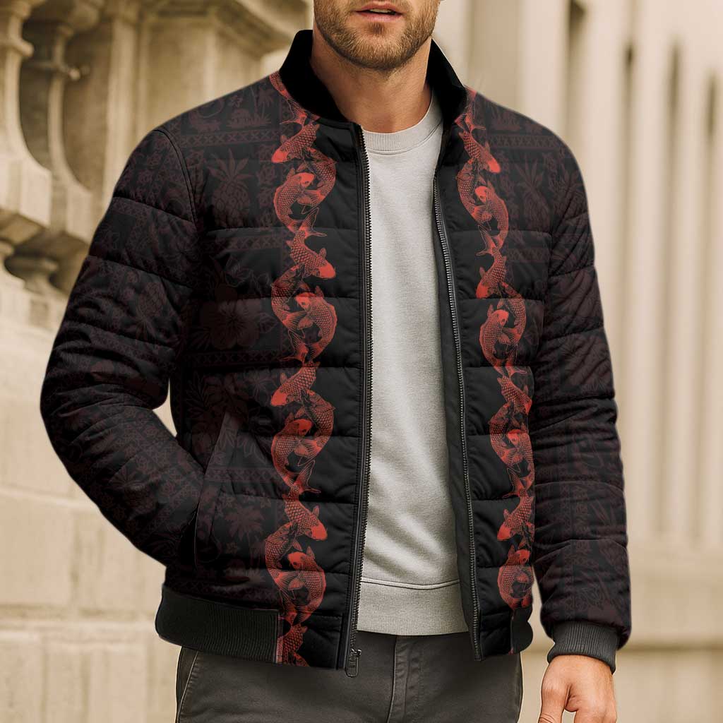 Hawaii Japan Koi Fish Red Bomber Puffer Jacket Tapa Pattern - Polynesian Pride