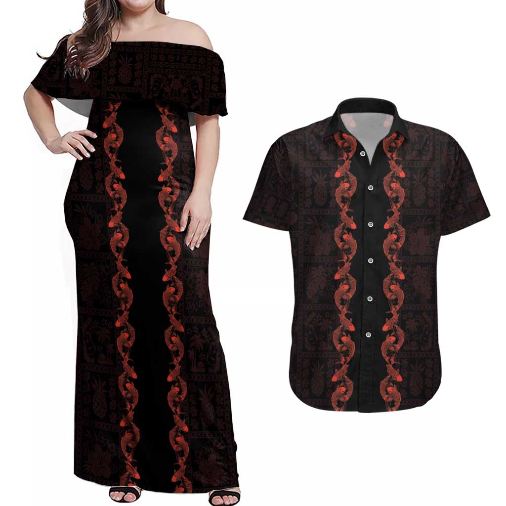 Hawaii Japan Koi Fish Red Couples Matching Off Shoulder Maxi Dress and Hawaiian Shirt Tapa Pattern - Polynesian Pride