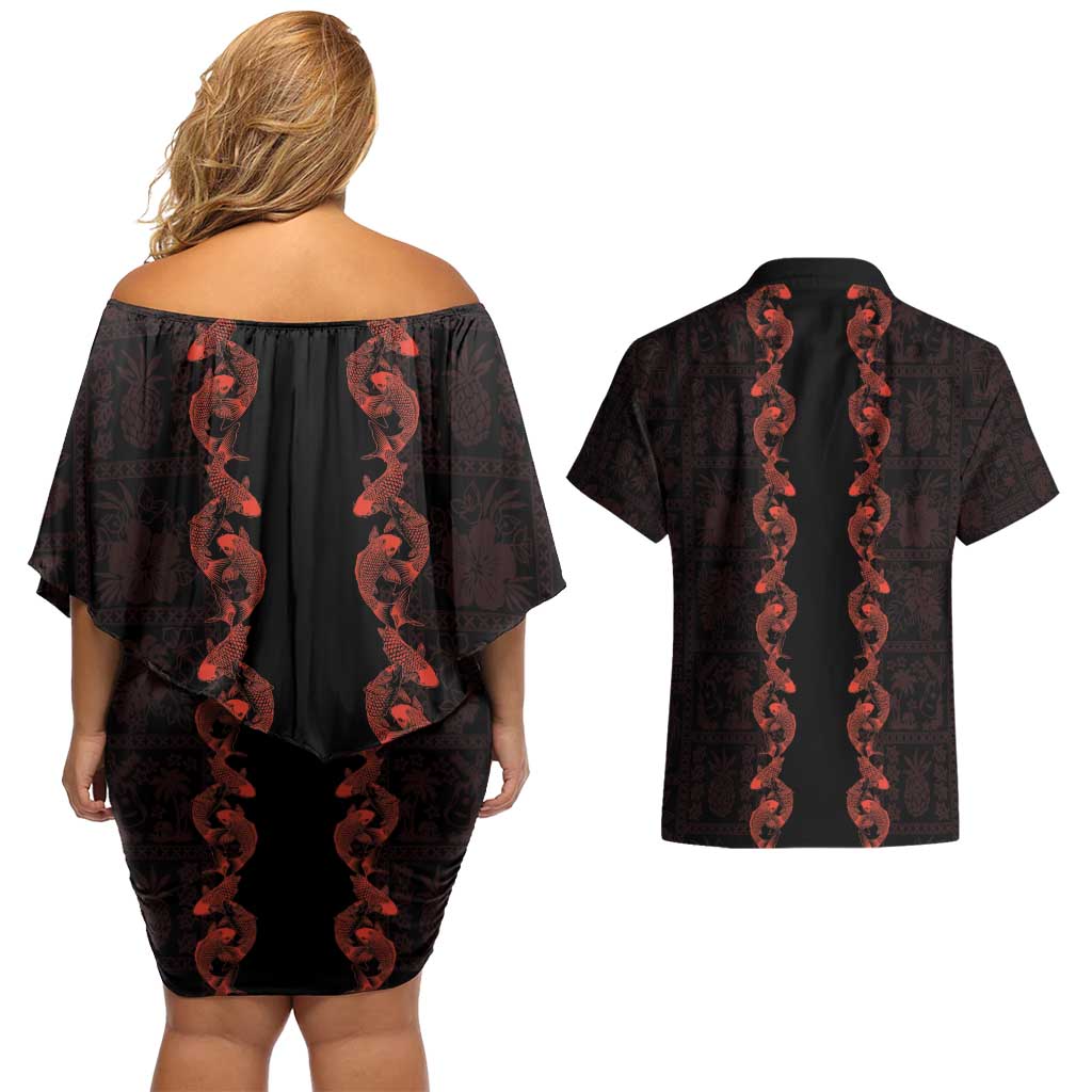Hawaii Japan Koi Fish Red Couples Matching Off Shoulder Short Dress and Hawaiian Shirt Tapa Pattern - Polynesian Pride