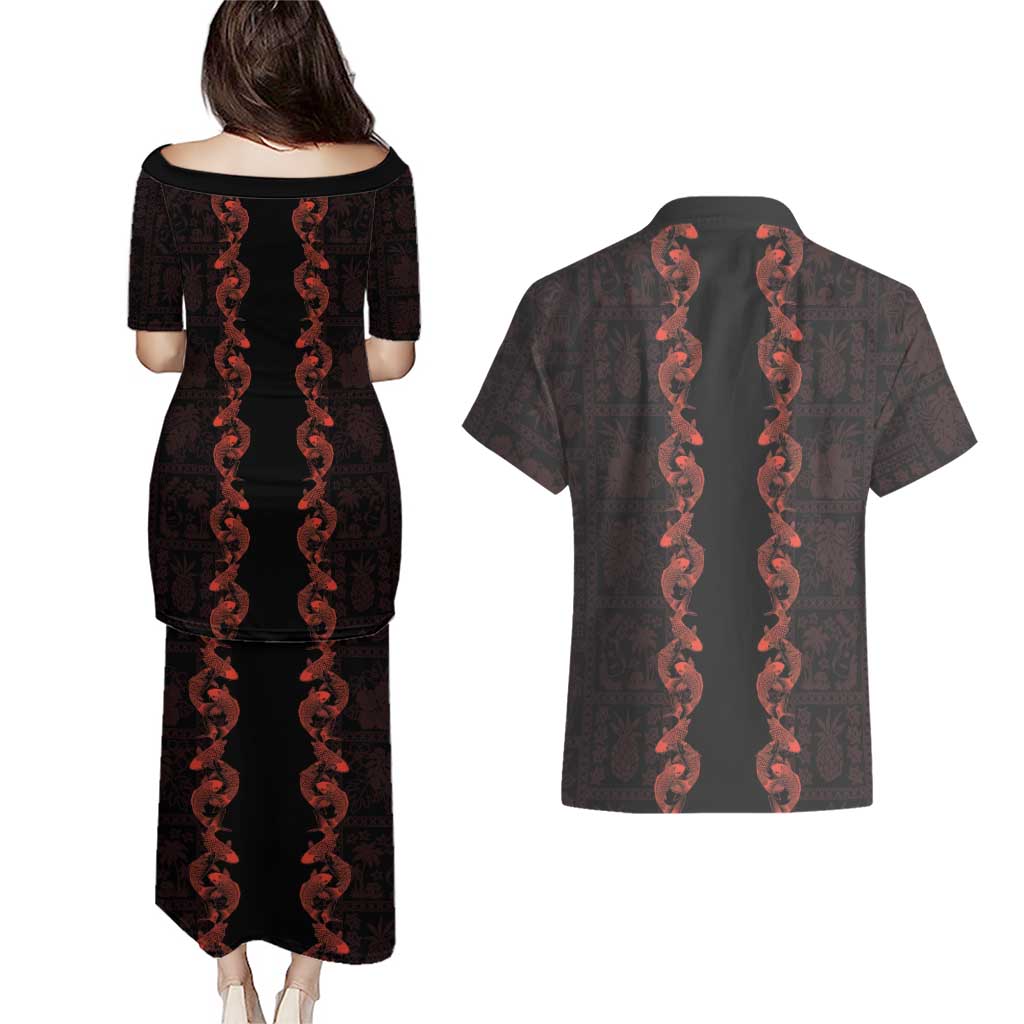 Hawaii Japan Koi Fish Red Couples Matching Puletasi and Hawaiian Shirt Tapa Pattern - Polynesian Pride
